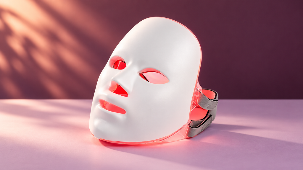 Unbranded Lumina 7 LED face mask in a plum and lilac campaign setting — AI-generated scene