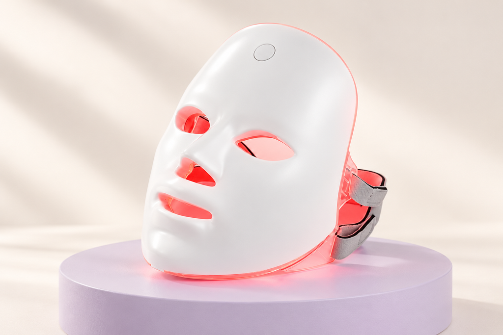 Unbranded Lumina 7 LED face mask on a lilac plinth — AI-generated product scene